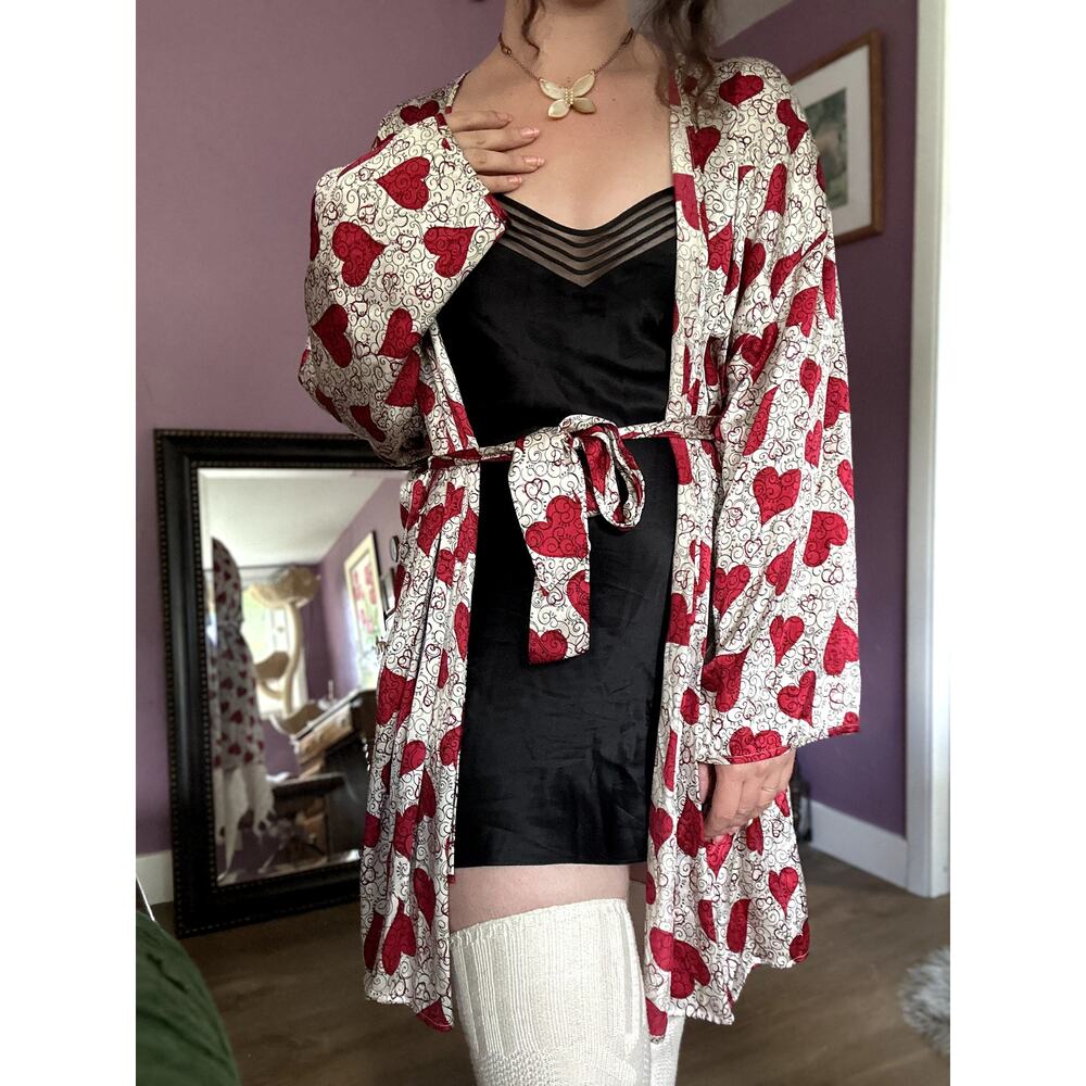 Vintage Victoria's Secret M/L 100% Silk Robe Gold Label Red White Hearts